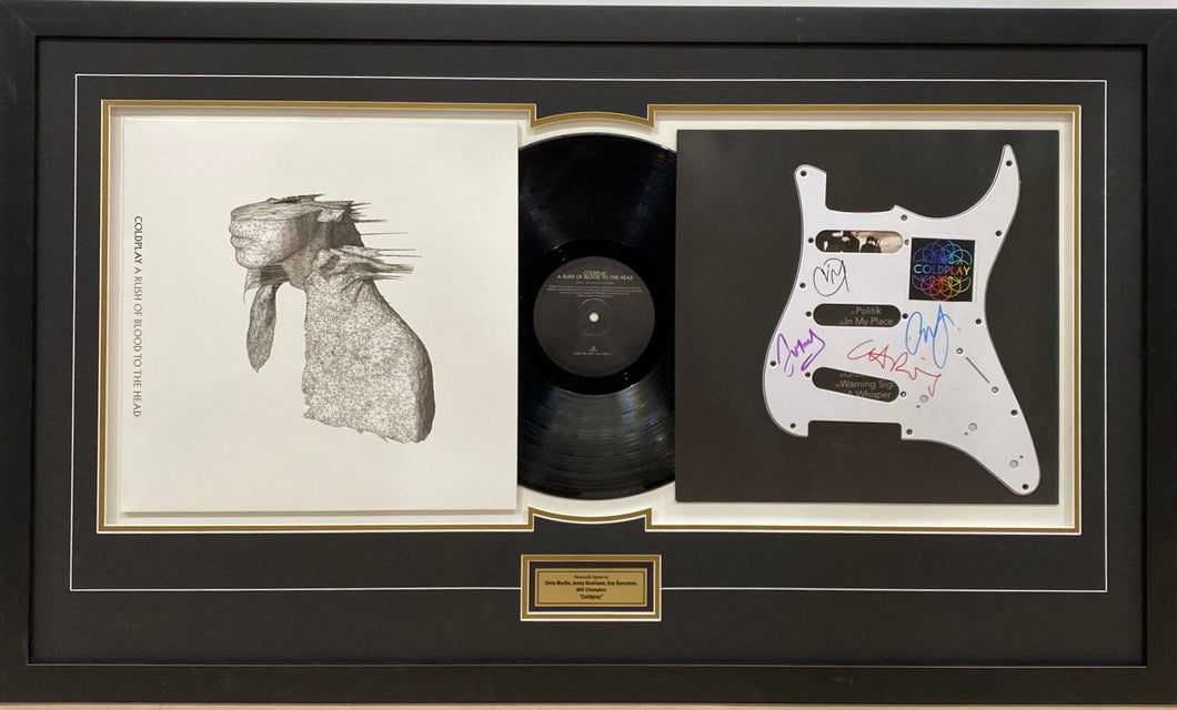 COLDPLAY - Chris Martin, Jonny Buckland, Guy Berryman & Will Champion Signed Guitar Pickguard Display