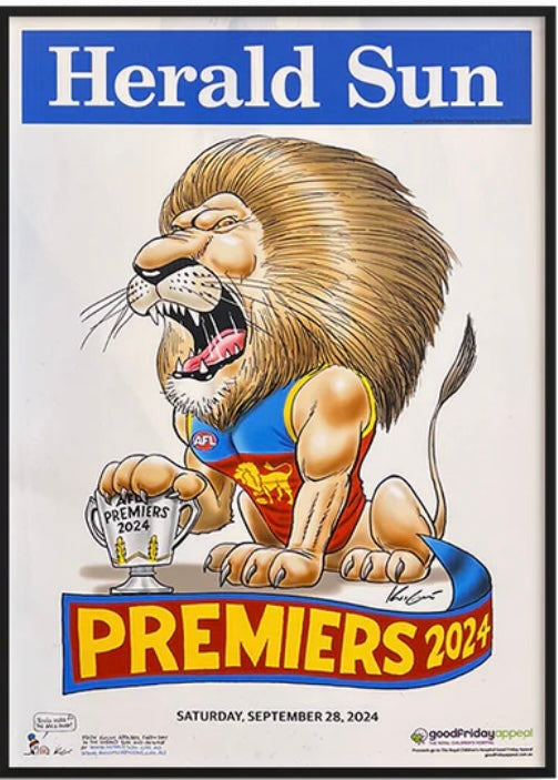 BRISBANE LIONS “2024 Premiers” Herald Sun Mark Knight Poster Display