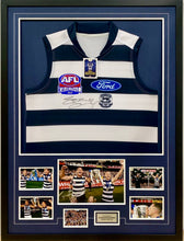 Load image into Gallery viewer, JOEL SELWOOD &amp; TOM HAWKINS Signed 2022 Grand Final Geelong Jumper &amp; Photo Collage Display
