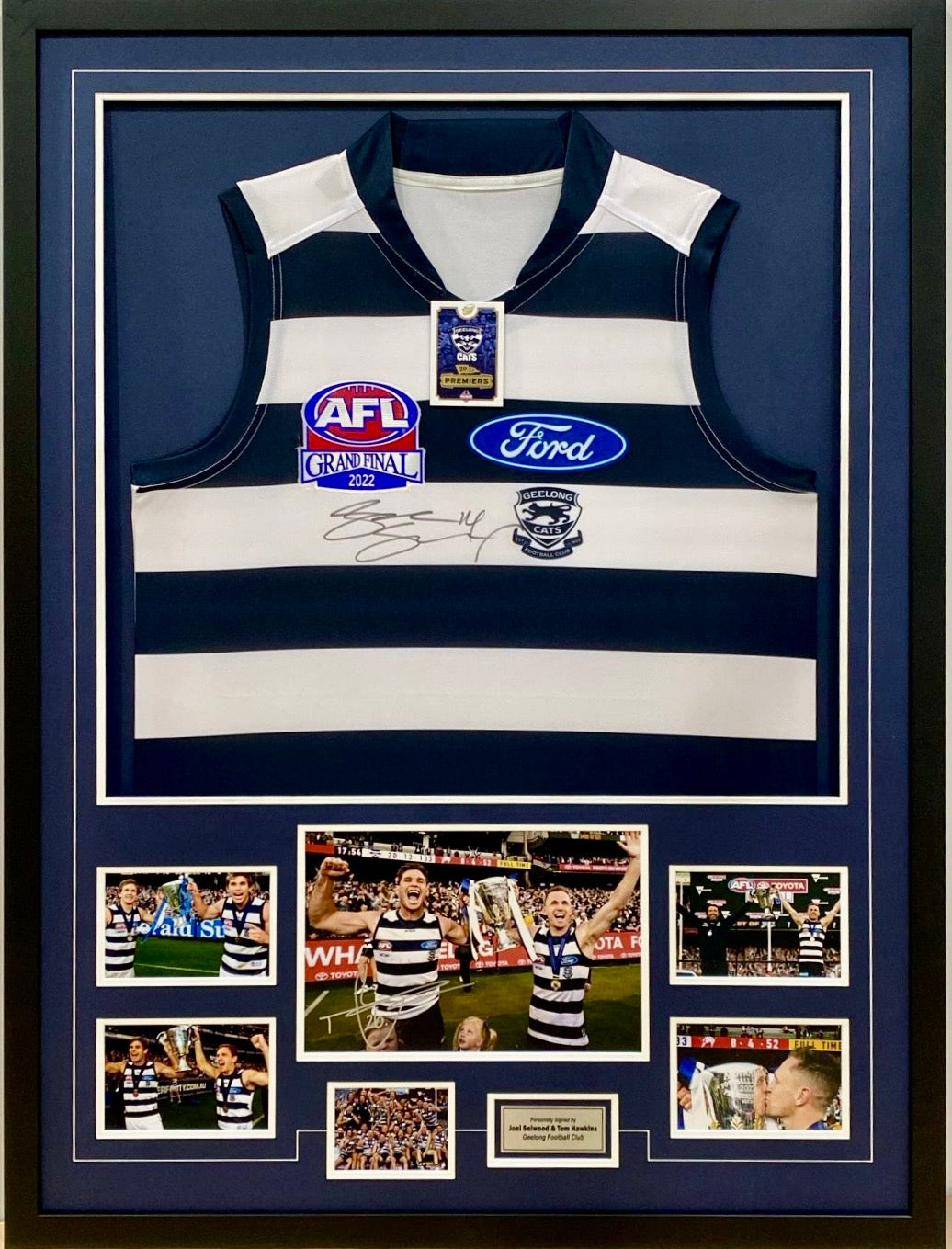 JOEL SELWOOD & TOM HAWKINS Signed 2022 Grand Final Geelong Jumper & Photo Collage Display