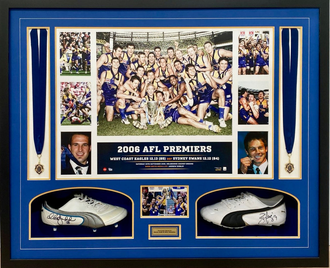 CHRIS JUDD & BEN COUSINS “2006 Premiers” Signed Boots Collage Display