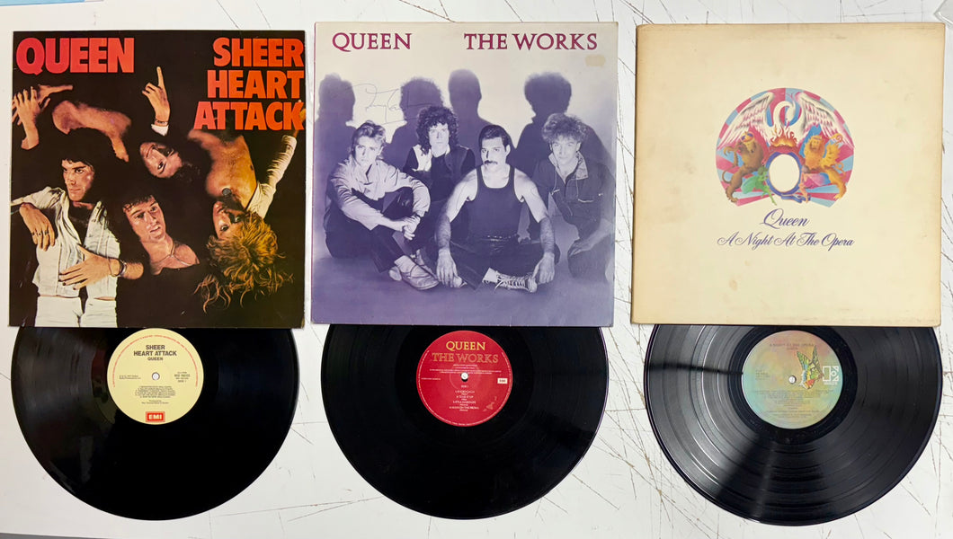 QUEEN - FREDDIE MERCURY, BRIAN MAY,ROGER TAYLOR & JOHN DEACON Signed “The Works” Vinyl LP Collage Display