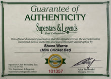 Load image into Gallery viewer, SHANE WARNE Signed Mini Cricket Bat &amp; Print Display
