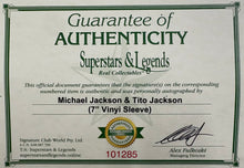 Load image into Gallery viewer, MICHAEL JACKSON &amp; TITO JACKSON Signed 7” Vinyl Sleeve &amp; Album LP Display
