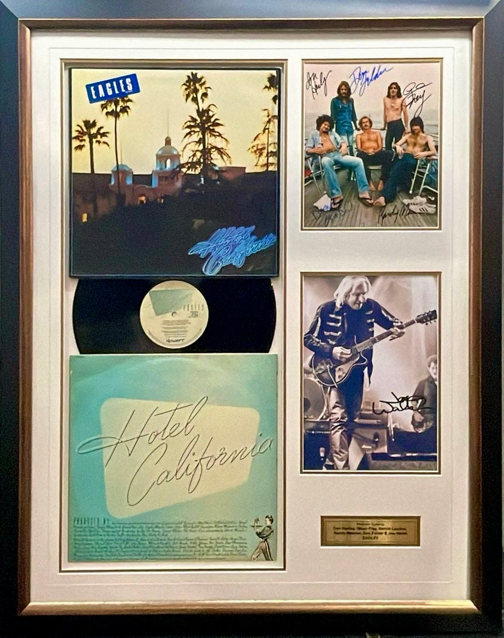EAGLES - DON HENLEY, GLENN FREY, DON FELDER, JOE WALSH & RANDY MEISNER Signed Photos & Album Vinyl LP & Poster Display