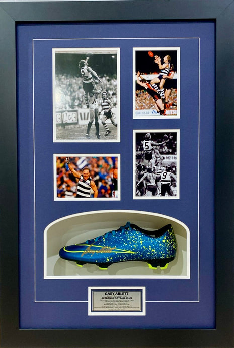 Gary Ablett Snr signed football boot and photo collage display