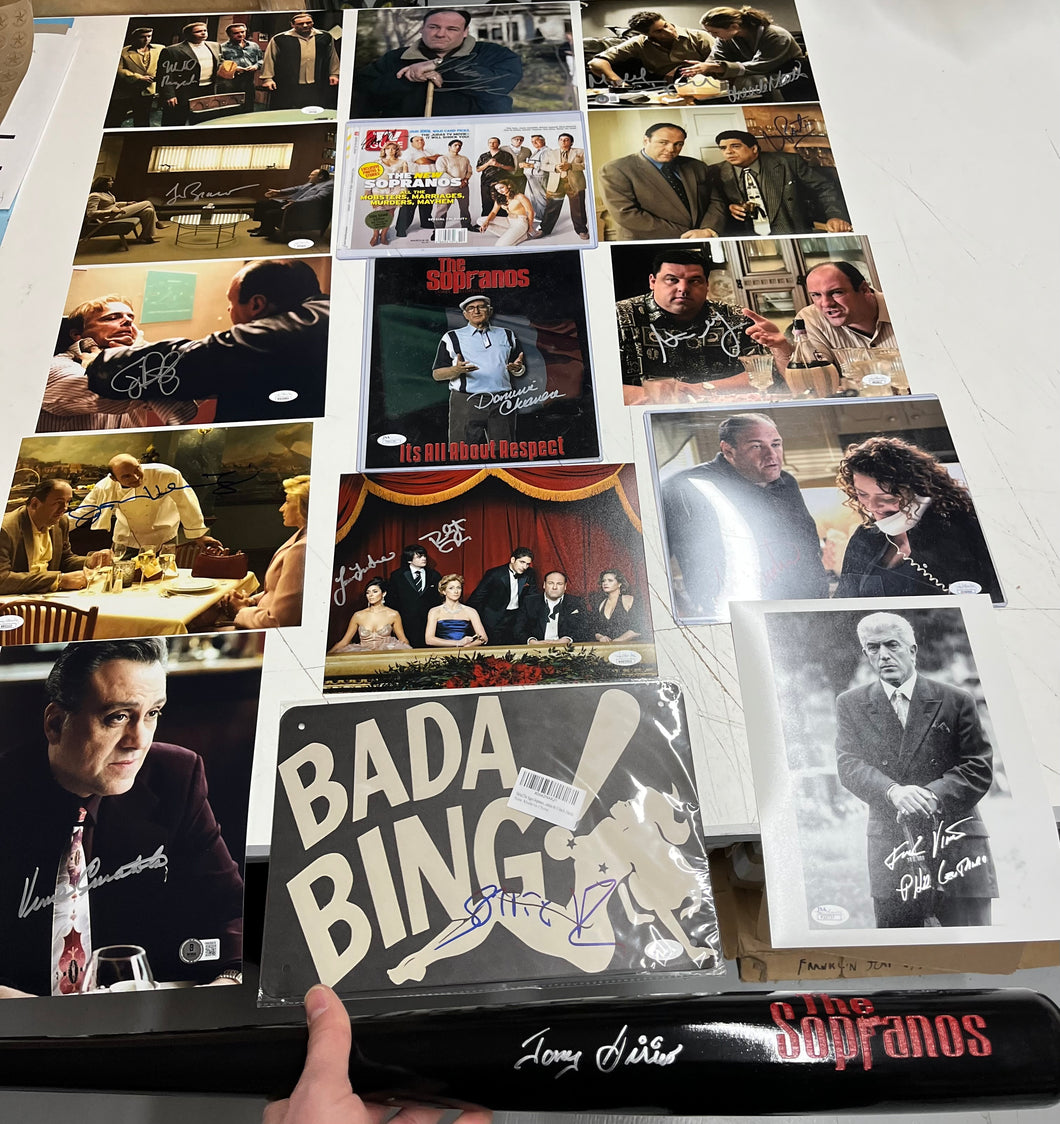 THE SOPRANOS - JAMES GANDOLFINI & CAST Signed Baseball Bat & Photo Collage Display