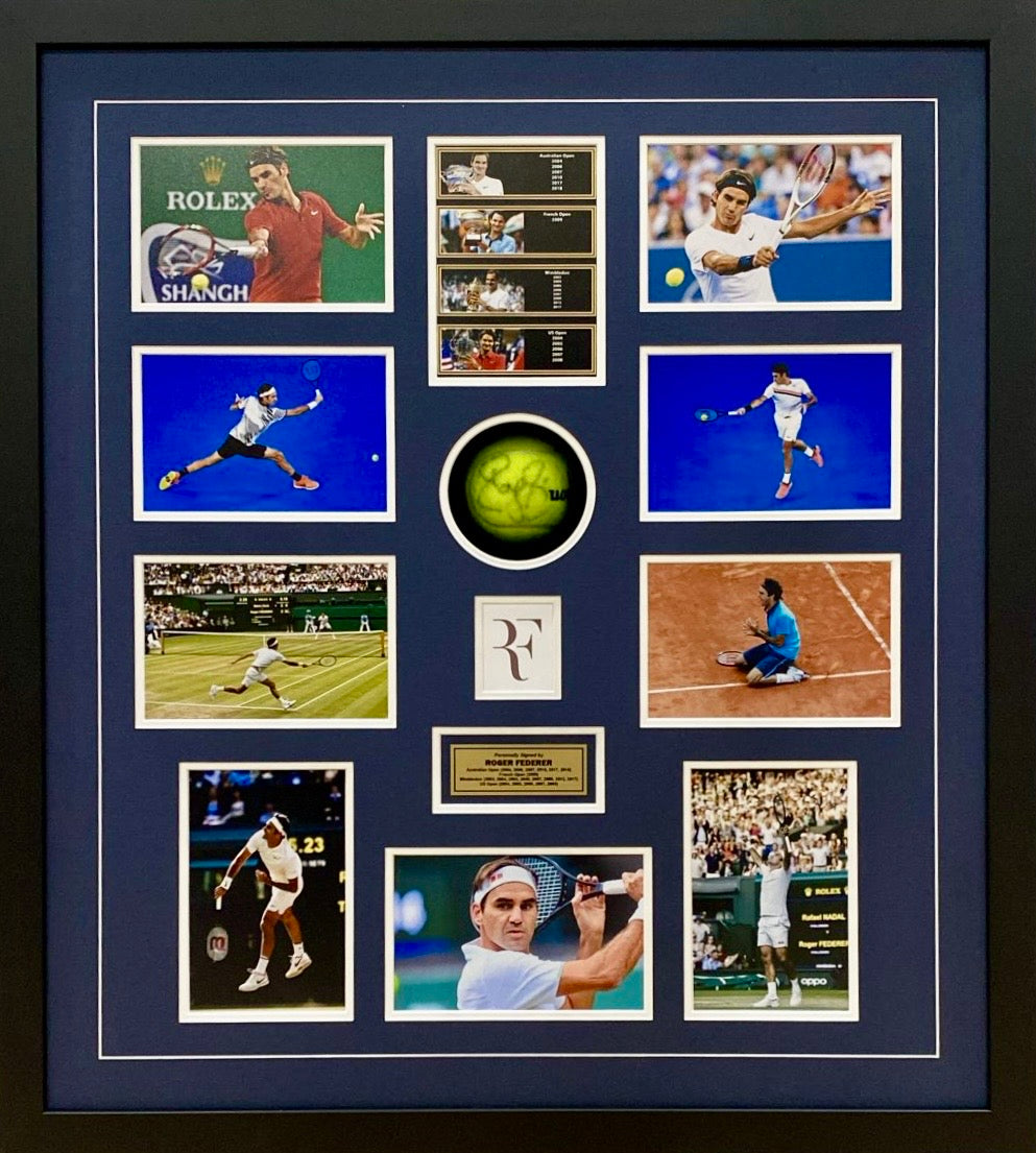 ROGER FEDERER Signed Tennis Ball & Photo Collage Display