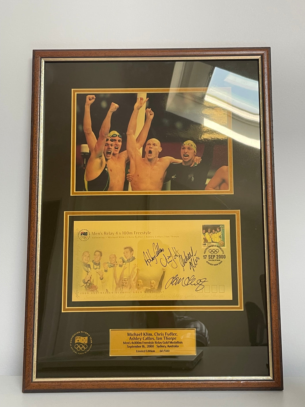 IAN THORPE, MICHAEL KLIM, CHRIS FYDLER & ASHLEY CALLUS Signed Sydney 2000 Olympics Display