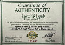 Load image into Gallery viewer, AYRTON SENNA Signed 1993 Silverstone F1 GP Programme &amp; Gloves &amp; Steering Wheel Display
