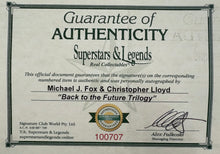 Load image into Gallery viewer, BACK TO THE FUTURE - Michael J Fox &amp; Christopher Lloyd Signed Cards &amp; Film Props Collage Display
