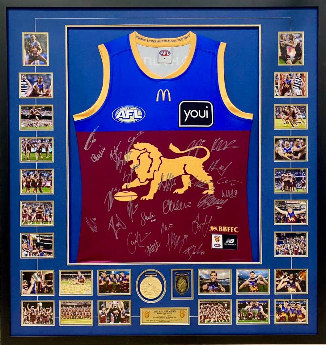 BRISBANE LIONS “2025 Premiers” Squad Signed Jumper & Photos/Medals Collage Display