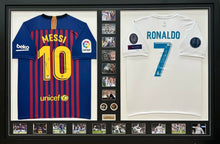 Load image into Gallery viewer, LIONEL MESSI &amp; CRISTIANO RONALDO Signed Barcelona &amp; Real Madrid Jerseys &amp; Photo Collage Display
