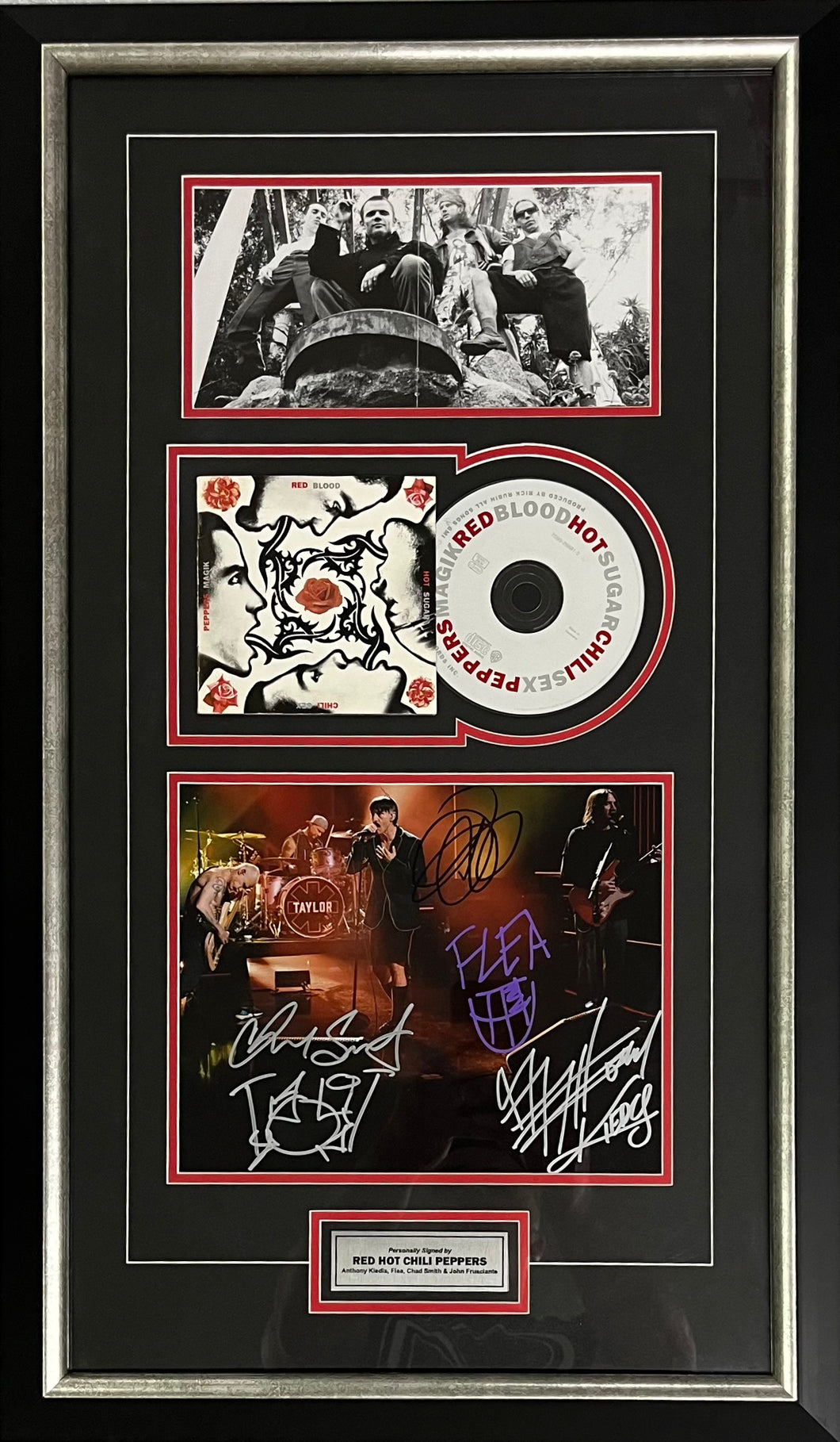 RED HOT CHILI PEPPERS - ANTHONY KIEDIS, FLEA, CHAD SMITH & JOHN FRUSCIANTE Signed Photo & CD Display