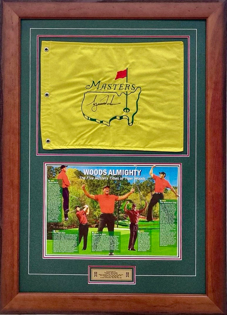 TIGER WOODS Signed Masters Pin Flag Display
