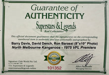 Load image into Gallery viewer, BARRY DAVIS, DAVID DENCH &amp; RON BARASSI “1975 Premiers” Signed Photo Display
