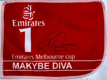 Load image into Gallery viewer, MAKYBE DIVA - Glen Boss Signed Saddle Cloth &amp; 3-Peat Melbourne Cup Print Display
