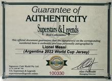 Load image into Gallery viewer, LIONEL MESSI “2022 World Cup Champions” Signed Argentina Jersey &amp; Photo Collage Display
