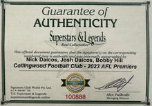 Load image into Gallery viewer, NICK DAICOS, JOSH DAICOS &amp; BOBBY HILL Signed “2023 Premiers” Jumper &amp; Cards Collage Display
