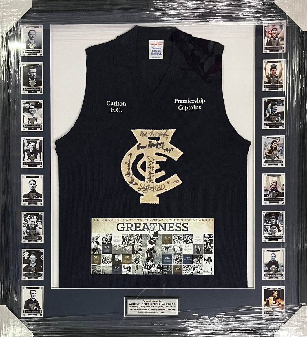 Signed Carlton captains display with vintage jumper and cards
