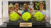 Load image into Gallery viewer, ROGER FEDERER, RAFAEL NADAL &amp; NOVAK DJOKOVIC Signed Tennis Balls in Display Box
