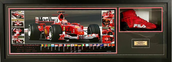 Michael Schumacher signed F1 race boot & print display