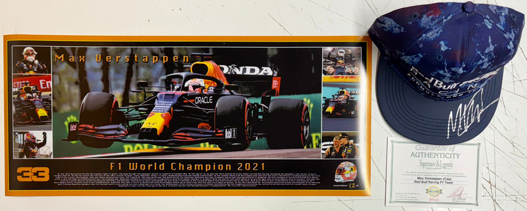 MAX VERSTAPPEN Signed F1 Red Bull Racing Cap & Championship Print