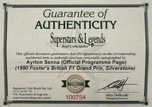 Load image into Gallery viewer, AYRTON SENNA Signed 1990 Silverstone F1 GP Programme Page &amp; “Piece of McLaren Car” &amp; Gloves Display
