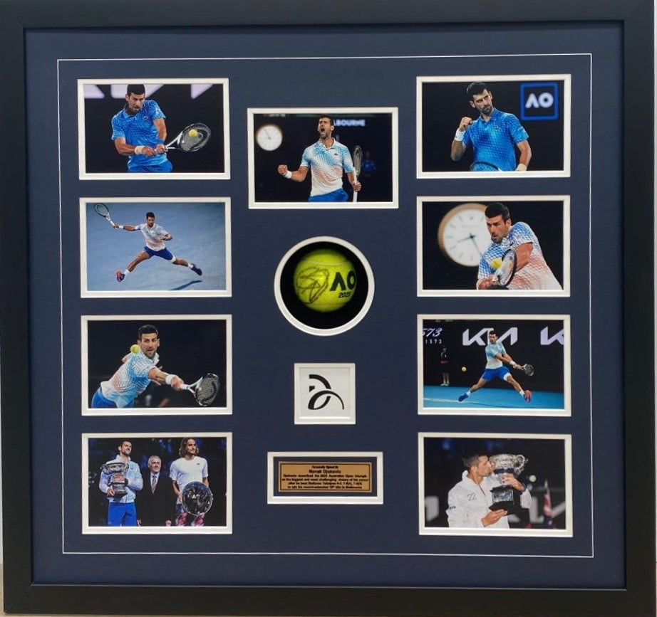 NOVAK DJOKOVIC Signed AO 2023 Tennis Ball & Photo Collage Display