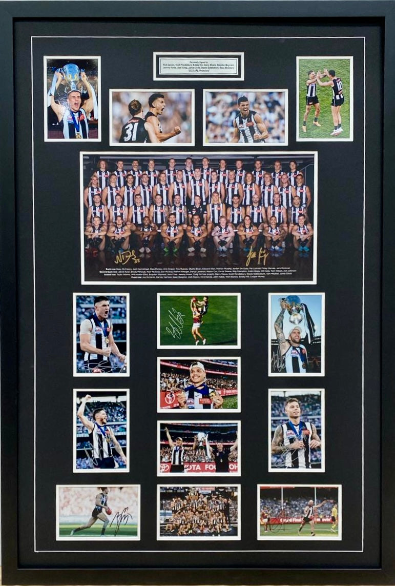 NICK DAICOS,SCOTT PENDLEBURY, BOBBY HILL, DARCY MOORE, BRAYDEN MAYNARD, JEREMY HOWE, JACK CRISP, JAMIE ELLIOTT, STEELE SIDEBOTTOM & BEAU McCREERY “2023 Premiers” Signed Photo Collage Display