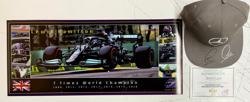 LEWIS HAMILTON Signed Mercedes F1 Team Cap & Championship Print