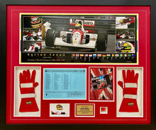 Load image into Gallery viewer, AYRTON SENNA Signed 1990 Silverstone F1 GP Programme Page &amp; “Piece of McLaren Car” &amp; Gloves Display
