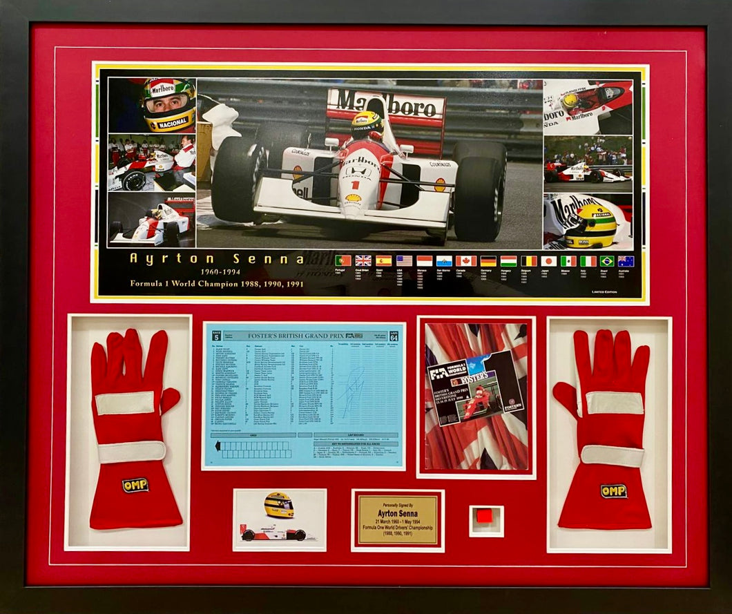 AYRTON SENNA Signed 1990 Silverstone F1 GP Programme Page & “Piece of McLaren Car” & Gloves Display