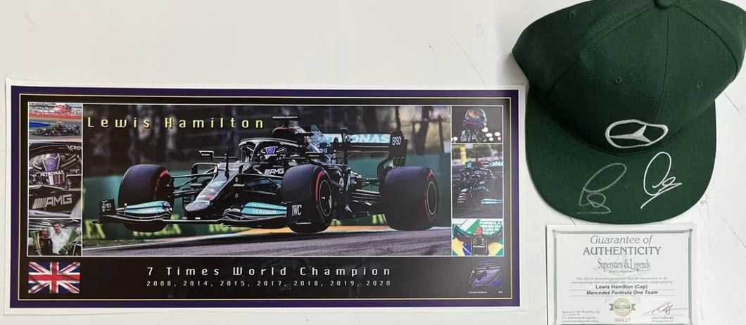 LEWIS HAMILTON Signed Mercedes F1 Team Cap & Print