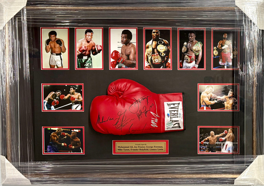 MUHAMMAD ALI, JOE FRAZIER, GEORGE FOREMAN, MIKE TYSON, EVANDER HOLYFIELD & LENNOX LEWIS Signed Boxing Glove Display