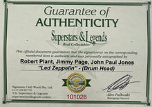 Load image into Gallery viewer, LED ZEPPELIN - ROBERT PLANT, JIMMY PAGE &amp; JOHN PAUL JONES Signed DrumSkin &amp; Album LP Display

