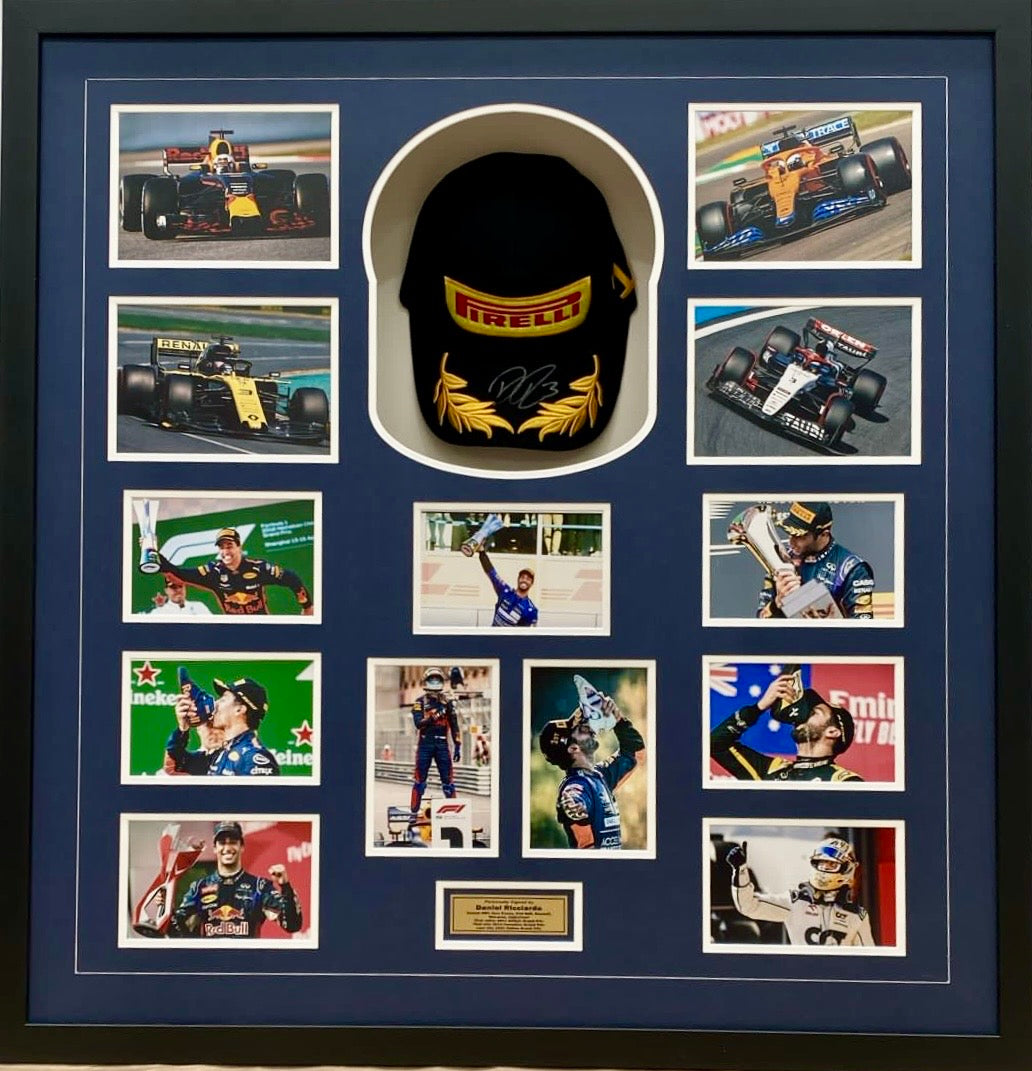 DANIEL RICCIARDO Signed Pirelli Podium Cap & Photo Collage Display