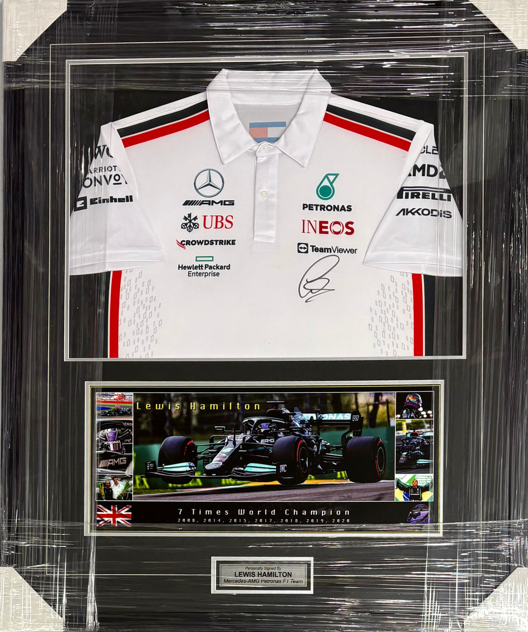 LEWIS HAMILTON Signed Mercedes Shirt & Championship Print Display