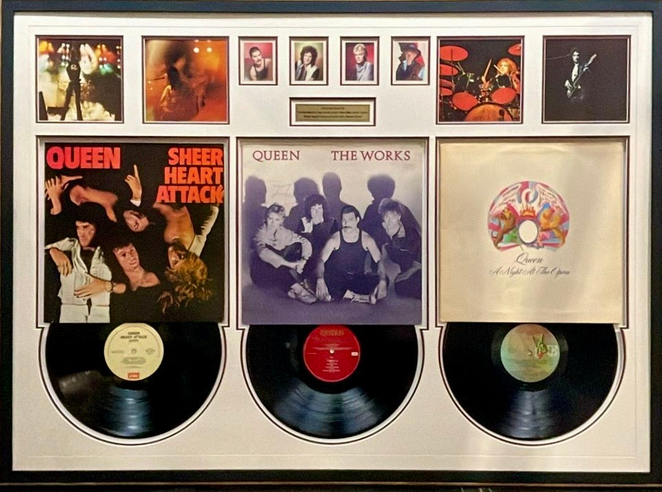 QUEEN - FREDDIE MERCURY, BRIAN MAY,ROGER TAYLOR & JOHN DEACON Signed “The Works” Vinyl LP Collage Display