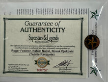 Load image into Gallery viewer, ROGER FEDERER, RAFAEL NADAL &amp; NOVAK DJOKOVIC Signed Tennis Racquets Display
