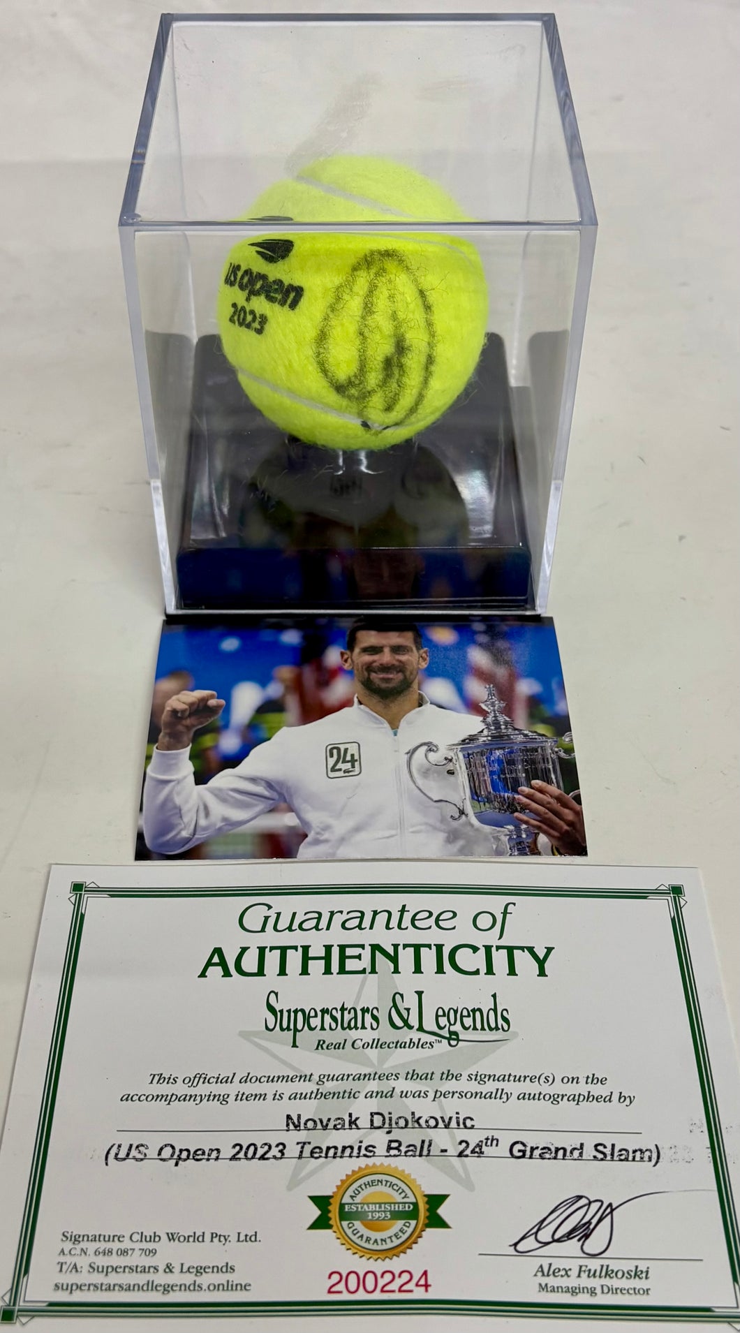 NOVAK DJOKOVIC Signed 2023 US Open Tennis Ball Display