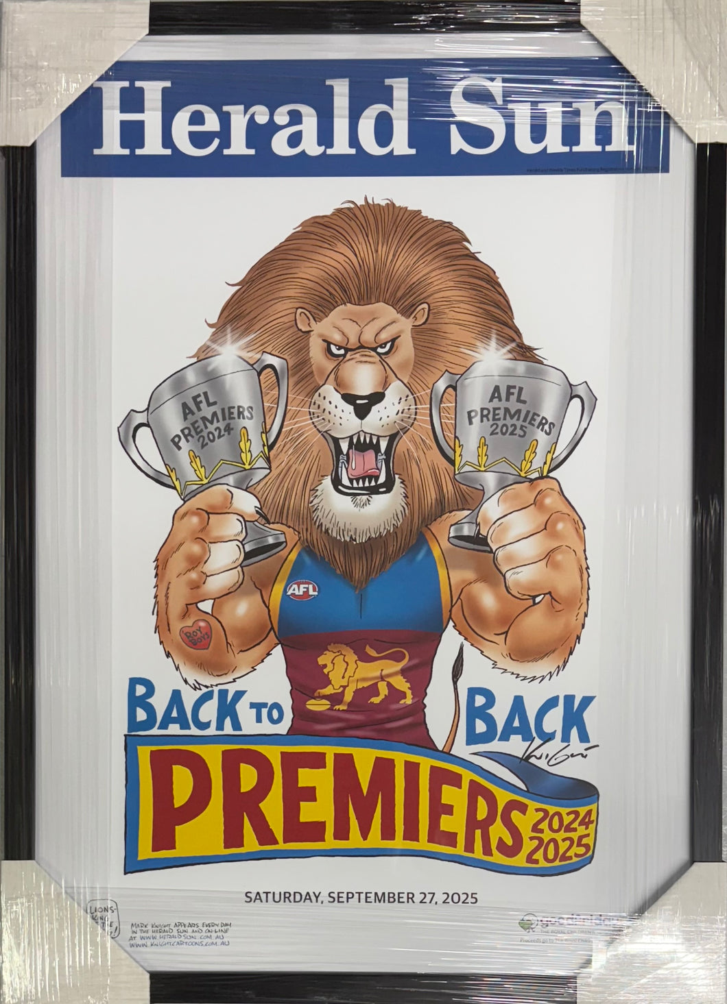 BRISBANE LIONS “2025 Premiers” Herald Sun Mark Knight Poster Display