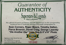 Load image into Gallery viewer, JAMES BOND - Sean Connery, Roger Moore, Timothy Dalton, Pierce Brosnan, Daniel Craig &amp; George Lazenby Signed Crew Bag &amp; Photo/Cards Display
