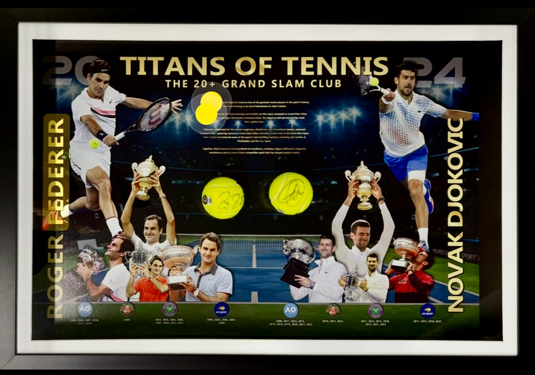 ROGER FEDERER & NOVAK DJOKOVIC Signed Tennis Balls & Montage Display