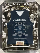 Load image into Gallery viewer, STEPHEN KARNAHAN &amp; DAVID PARKIN Signed 1995 AFL Premiers Jumper Display
