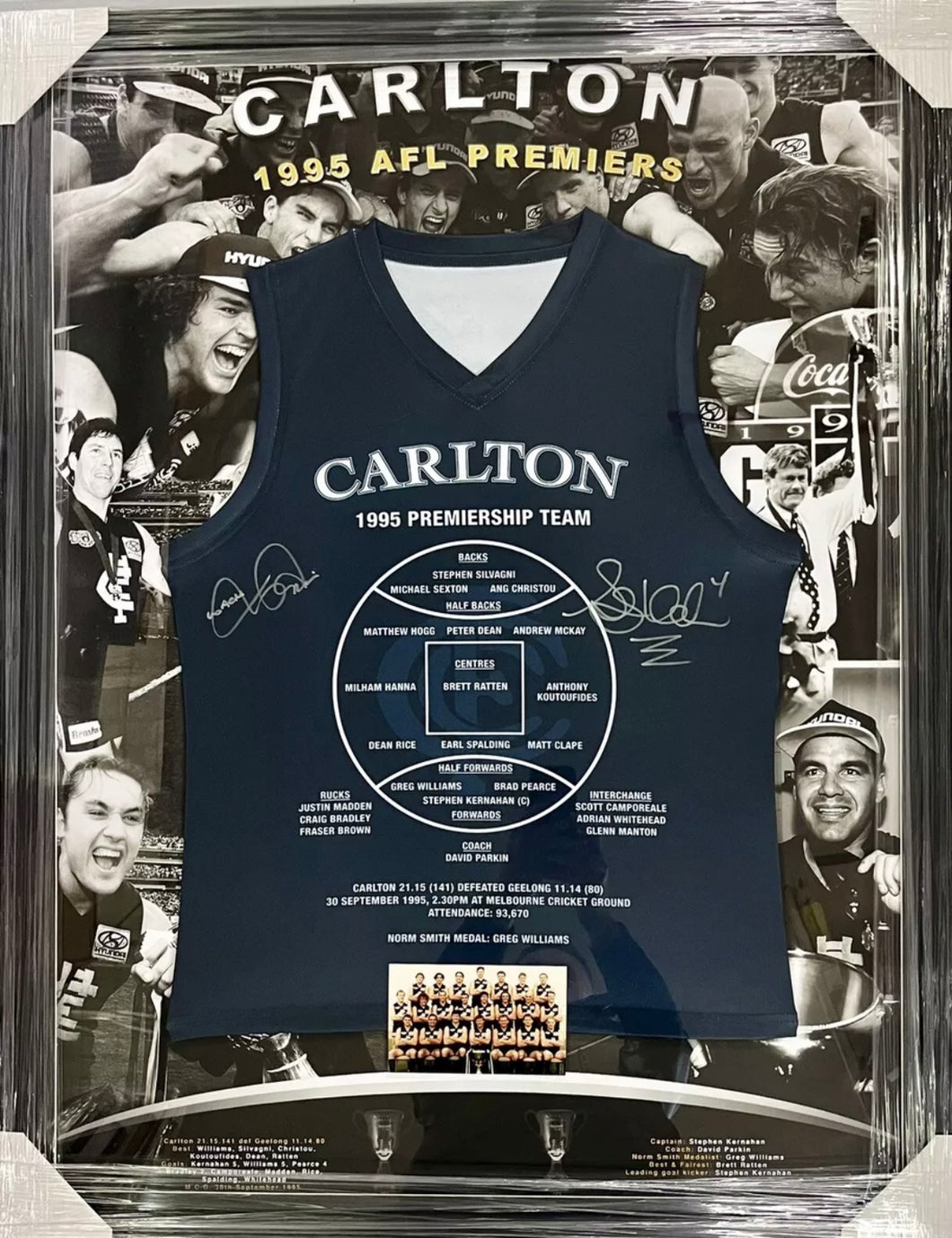 STEPHEN KARNAHAN & DAVID PARKIN Signed 1995 AFL Premiers Jumper Display