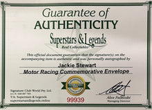 Load image into Gallery viewer, JACKIE STEWART Signed Motor Racing Commemorative Envelope with Tyrrell F1 Race Suit
