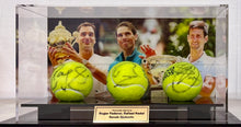 Load image into Gallery viewer, ROGER FEDERER, RAFAEL NADAL &amp; NOVAK DJOKOVIC Signed Tennis Balls in Display Box
