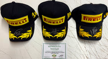 Load image into Gallery viewer, LEWIS HAMILTON, SEBASTIAN VETTEL &amp; MAX VERSTAPPEN Signed F1 Pirelli Podium Caps
