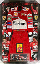 Load image into Gallery viewer, 2x FRAMES - MICHAEL SCHUMACHER Signed Scuderia Ferrari Photo &amp; Race Suit Frame &amp; AYRTON SENNA Signed 1990 Silverstone F1 GP Programme Page &amp; “Piece of McLaren Car” &amp; Gloves Frame
